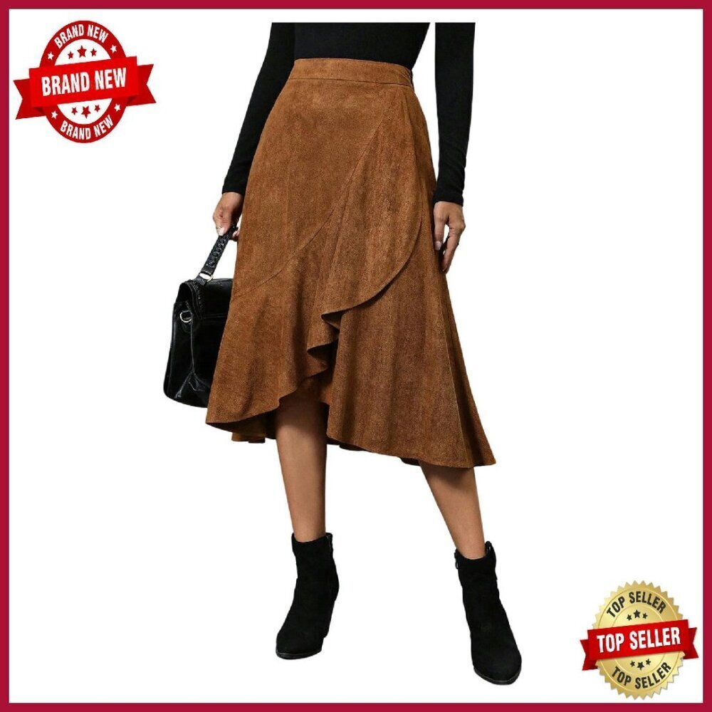 High Waisted A-Line Midi Skirt Polyester Flowy Ruffle Asymmetrical